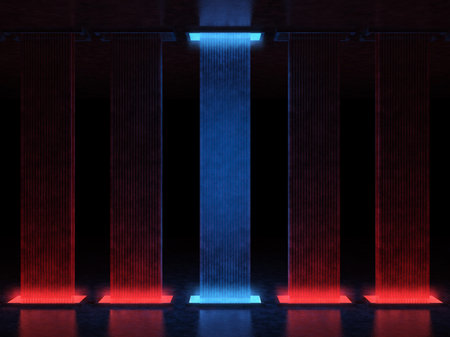 Abstract high tower illuminated with red light, one of them is highlighted in blue