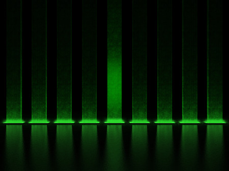 Colonnade of the vertical columns illuminated greenの写真素材