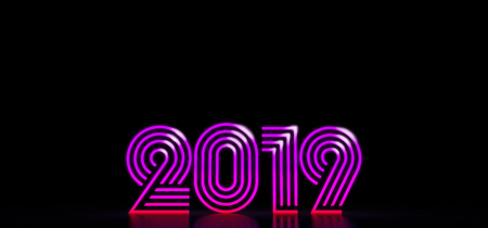 Happy New Year, glowing numbers 2019 consisting of stripes in dark space. Magenta glowing numbers from the 80s. Glowing numbers 2019 in retro style. 3D illustrationの写真素材