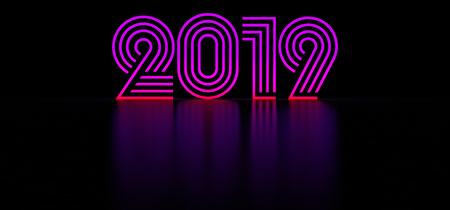 Happy New Year, glowing numbers 2019 consisting of stripes in dark space. Magenta glowing numbers from the 80s. Glowing numbers 2019 in retro style. 3D illustrationの写真素材
