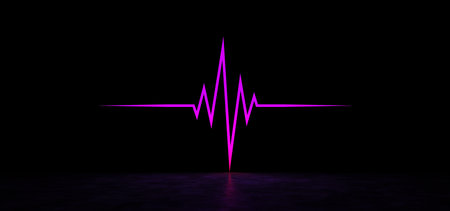 Luminous curve of purple in a dark space. Luminous heartbeat line. 3D render.
