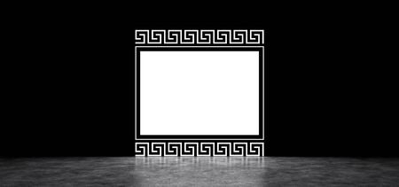 A luminous rectangular screen surrounded by a frame with Greek ornament. Glowing rectangular portal with antique patterns.の写真素材