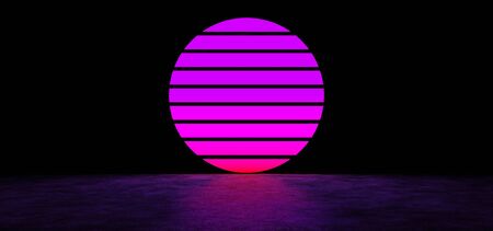 A luminous symbol in the form of a circle consisting of horizontal stripes in a dark space. Glowing cyberpunk symbol. 3D Render.の写真素材