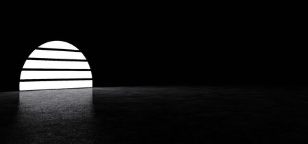 A luminous symbol in the form of a circle consisting of horizontal stripes in a dark space. Glowing symbol in retro style. 3D Render.の写真素材