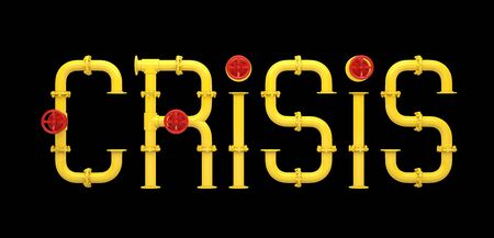 The word crisis 2020 made of yellow pipes with a red hydrant is isolated on a black background. 2020 Energy Crisis. 3D Renderの写真素材