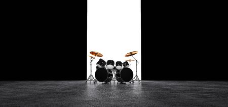 Drum set against a luminous vertical screen in empty space. 3D Render.の写真素材