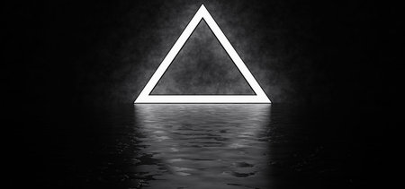 Glowing triangle in a dark space. Glowing pyramid reflected in a glossy floor. 3D Render
