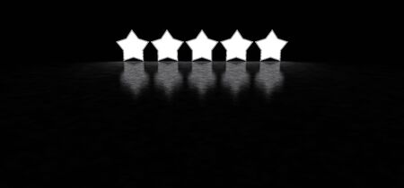 Five glowing stars rating. Glowing stars in dark space. 3D renderの写真素材