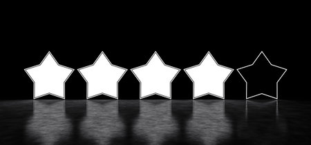 Five glowing stars rating. Glowing stars in dark space. 3D render