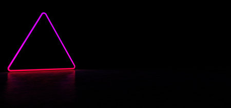 A luminous magenta sign in the shape of a triangle is in a dark space and is reflected in a glossy floor. Luminous pyramid in a dark space. 3D Renderの写真素材