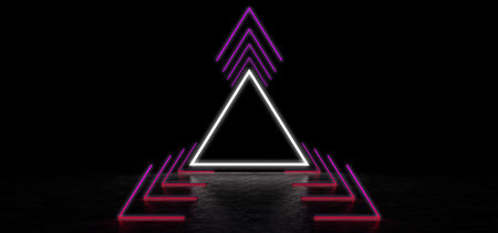 An abstract portal of luminous lines and a triangle in a dark space with beautiful reflections on...