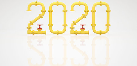 New Year 2020 from yellow pipes and red taps on a white background. 3D render.