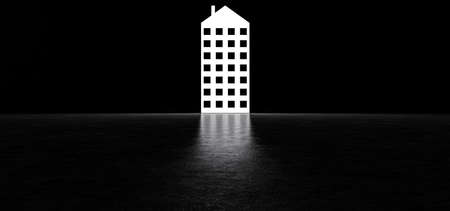 Glowing in the dark space icon in the form of a building. 3D Renderの写真素材