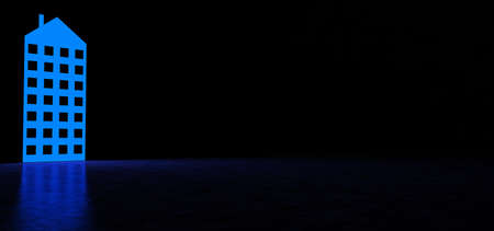 Glowing in the blue color in dark space an icon in the form of a building. Glowing abstract building. 3D Renderの写真素材