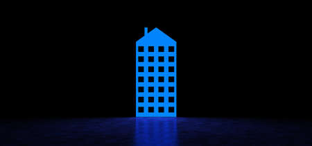 Glowing in the blue color in dark space an icon in the form of a building. Glowing abstract building. 3D Renderの写真素材