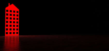 Glowing in the red color in dark space an icon in the form of a building. Glowing abstract building. 3D Renderの写真素材