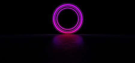 Glowing circle of purple in dark space. Glowing object in dark space. Glowing pink circle consisting of lines of different thickness.. 3D Renderの写真素材
