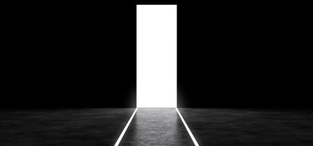 A luminous portal in a dark space, with a path on the floor made of a luminous line. Luminous...