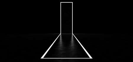 The luminous line forms a path and portal in the dark space. A glowing rectangular portal in a dark space. 3D Renderの写真素材