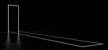 The luminous line forms a path and portal in the dark space. A glowing rectangular portal in a dark space. 3D Renderの写真素材