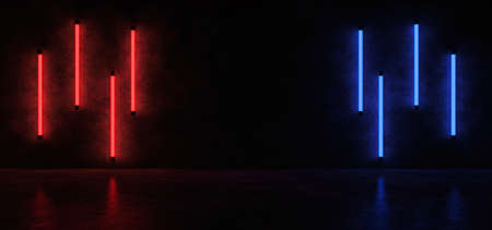 Vertical red and blue neon stripes on the concrete walls were reflected in the glossy floor. 3D Render.の写真素材