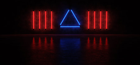 Neon pyramid and vertical lines on the background of a concrete wall in a dark space. 3D Render.