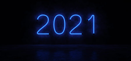 Happy New year 2021. Glowing numbers. Neon lights form the numbers 2021. 3D Render.