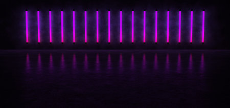 Glowing vertical stripes of purple against the concrete wall, reflected on the glossy floor. Neon...