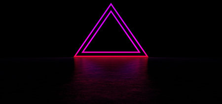 A glowing pyramid of purple in dark space. Glowing stripes form a pyramid. Two glowing triangular frames of purple color in the shape of a pyramid. 3D Renderの写真素材