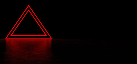 Glowing pyramid of red color in dark space. Red glowing stripes form a pyramid. Two glowing triangular frames in the shape of a pyramid. 3D Renderの写真素材