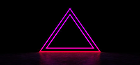 A glowing pyramid of purple in dark space. Glowing stripes form a pyramid. Two glowing triangular frames of purple color in the shape of a pyramid. 3D Renderの写真素材