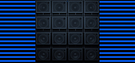 A wall of guitar amplifiers against a background of horizontal blue glowing stripes. Background of the luminous bands and guitar amplifiers. 3D Illustrationの写真素材