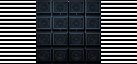 A wall of guitar amplifiers against a background of horizontal white glowing stripes. Background of the luminous bands and guitar amplifiers. 3D Illustrationの写真素材