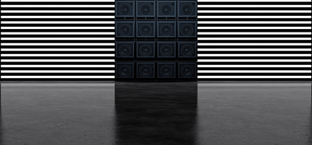 A wall of guitar amplifiers against a background of horizontal white glowing stripes. Background of the luminous bands and guitar amplifiers. 3D Illustrationの写真素材