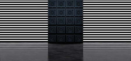 A wall of guitar amplifiers against a background of horizontal white glowing stripes. Background of the luminous bands and guitar amplifiers. 3D Illustrationの写真素材