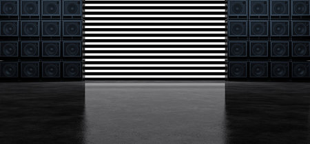 A wall of guitar amplifiers against a background of horizontal white glowing stripes. Background of the luminous bands and guitar amplifiers. 3D Illustrationの写真素材