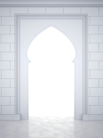 Glowing portal in the Arab style. Wall with arch in islamic, muslim, arabic style. Glowing portal. 3D Render,の写真素材