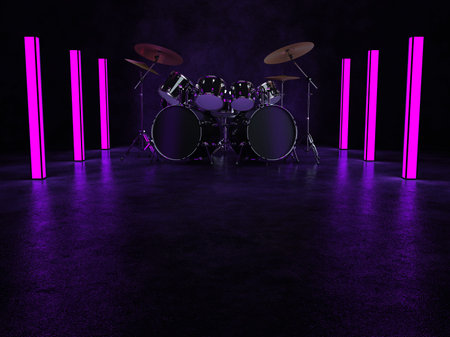The drum kit stands in a dark room and is illuminated by neon lights that stand around it. 3D render.の写真素材