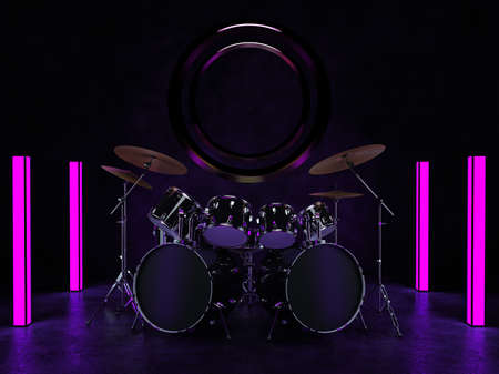 The drum kit stands in a dark room and is illuminated by neon lights. A bronze decoration hangs on the wall behind the drum kit. 3D render.の写真素材