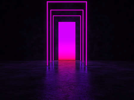A glowing purple portal in a dark space. Reflected in a glossy floor. 3D Render.の写真素材