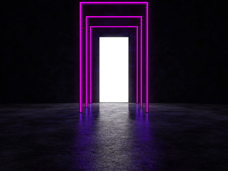 A glowing white portal and neon lights in a dark space. Reflected in a glossy floor. 3D Render.の写真素材