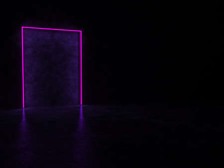 A glowing portal in a dark space. A glowing abstract rectangle of purple color. 3D render.の写真素材