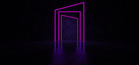 Glowing neon lines of different shapes form a corridor. Abstract glowing lines in dark space. 3D Render.の写真素材