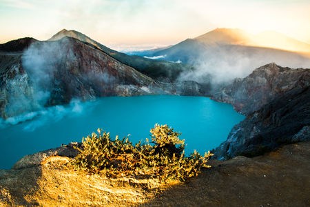 Kawah Ijen volcano with trees during beautiful sunrise in East Java in Indonesiaの写真素材