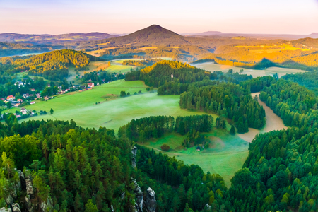 Beautiful morning sunrise of the Mariina Viewpoint, Bohemian Switzerland, National Park Bohemian Switzerland, Czech republicの写真素材
