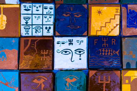 Beautiful handmade tiles of the blue media in Chefchaouen in Moroccoの写真素材