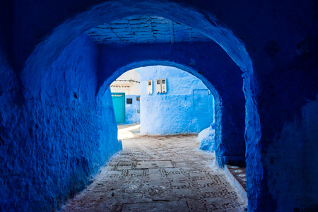 Beautiful blue street of the blue medina of Chefchaouen, Morocco in Africaの写真素材