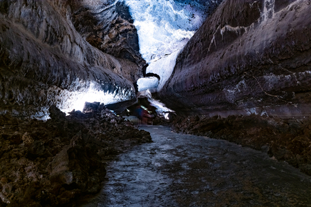 Water optical illusion reflection in Cueva de los Verdes, an amazing lava tube and tourist attraction on Lanzarote island, Spain.の写真素材