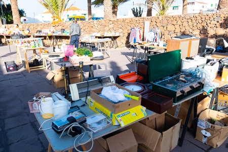 Teguise, Lanzarote, Spain - Dec 14, 2018: Every Sunday in the squares and cobbled streets of Villa de Teguise, takes place one of the most important popular Canarian markets, Canary Islands.