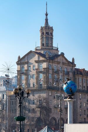 Kyiv, Ukraine, 31 MAR 2019: Cityscape skyline of Kiev on Independence Square Maidan Nezalezhnosti, globe and Kyivmiskbud, Ukraineのeditorial素材